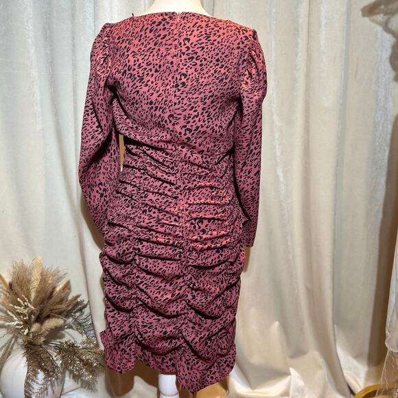 2/30 ZARA Leopard Print Ruched Mini Dress – Burgundy, Size L - Picture 5 of 7